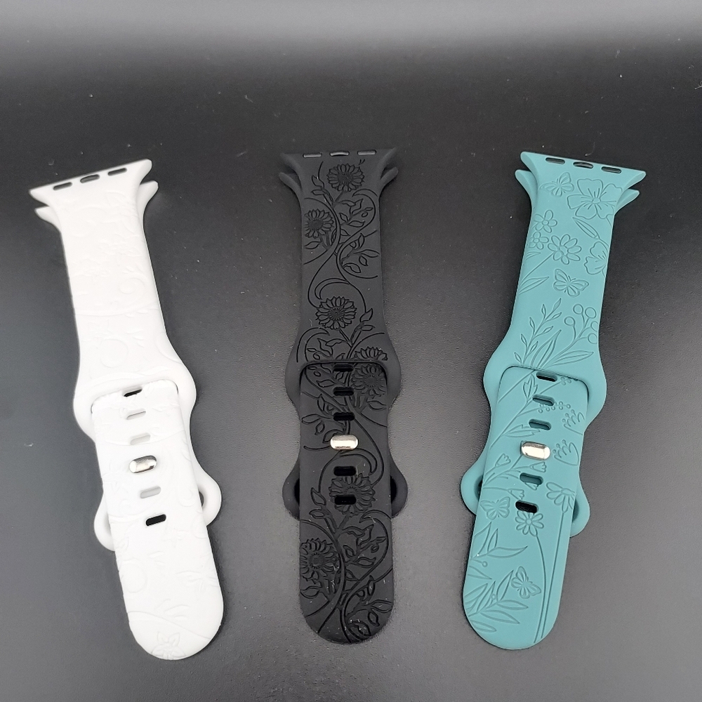 Apple Silicone floral watch bands - 3 pack - white black green